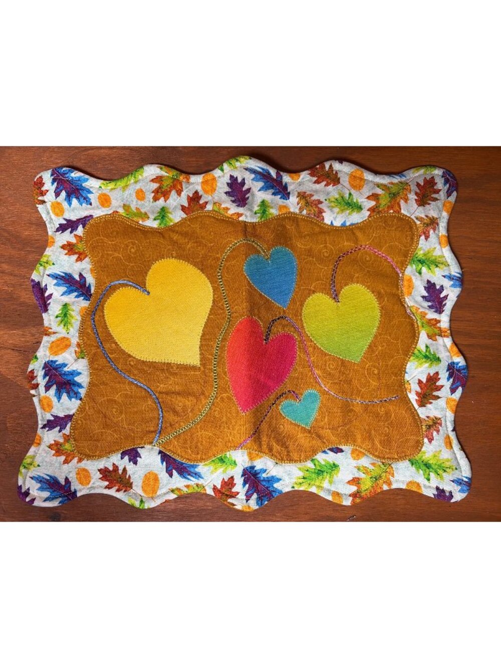 Handmade Quilted Autumn Placemats Fall Leaves Heart Appliqué Set Of 2 17"x13"